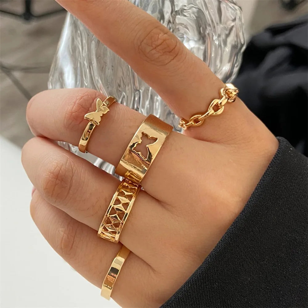 Mixed Vintage Gold Color Metal Rings Set for Women Fashion Geometric Irregular Hollow Spiral Chain Knuckle Finger Ring Jewelry