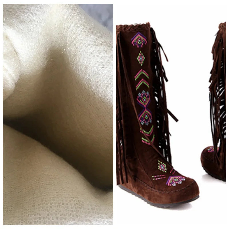 REAVE CAT Fashion Nation Flock Leather Women Fringe Flat Heels Long Boots Spring Autumn Tassel Knee High Boots