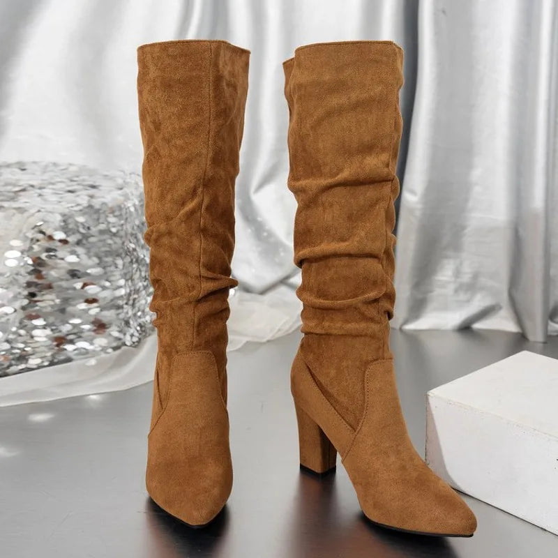 Pointed Toe Pleated Boots for Women 2025 Hot Sale Chunky Heels Flock Folding Knee High Boots Party Comfy Women Shoes Big Size 43