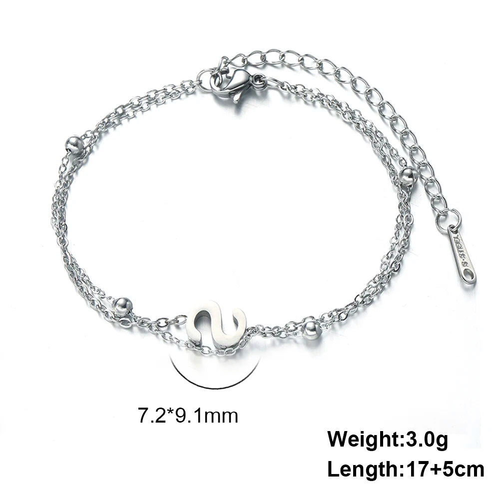 Letter A-Z Pendant Bracelet Stainless Steel Elegant Women's Double Layer Bead Chain Fashion Personalized Name Initial Bracelet J