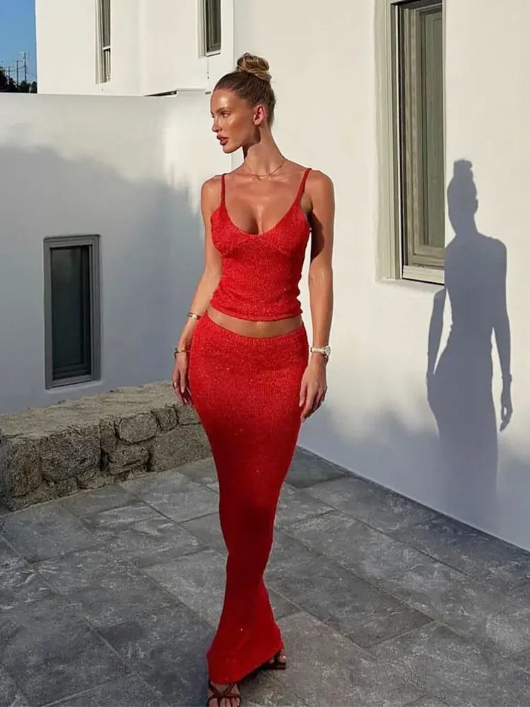 Sexy Trendy Backless Camisole Top Wrap Hip Long Skirt Knit Shiny 2 Piece Set Outfits Slim Fit Crop Camisole Top Cover Up A3171