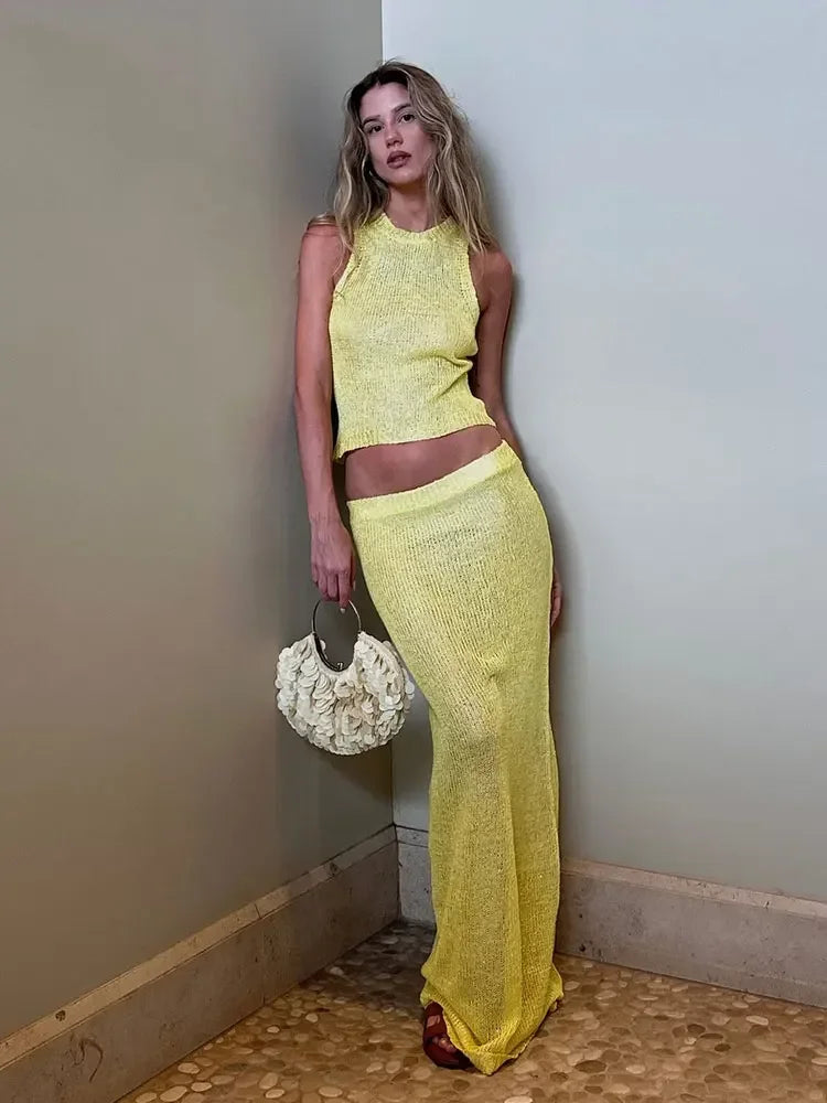 2025 Sexy V-neck Sleeveless Shiny Silk Camisole Tank Top Long Dress Two Piece Set Fashion Elastic Waist Wrap Hip Knitted Set K68