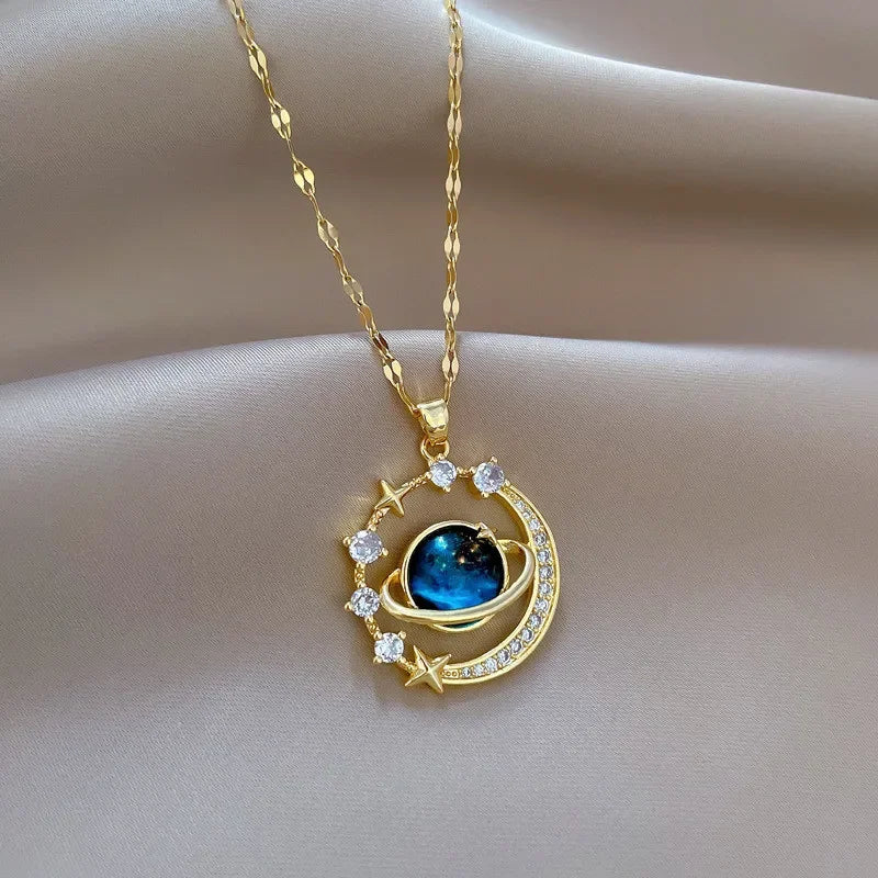 Luxury Inlaid Zircon Planet Moon Pendant Necklace for Women Fashion Star Water Drop Clavicle Chain Charm Jewelry Gift