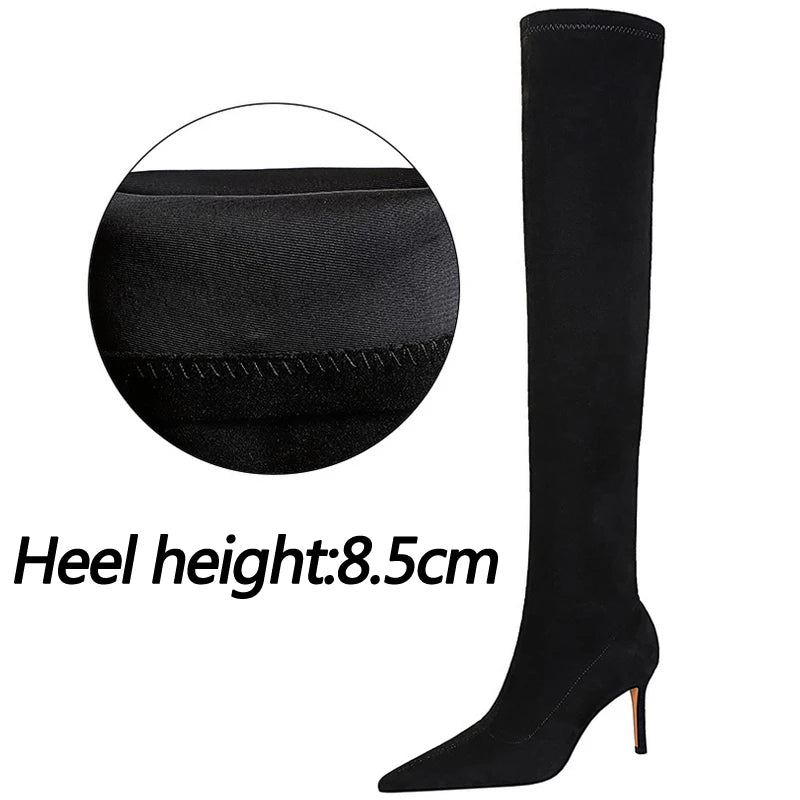 BIGTREE Shoes Suede Sexy Over-the-Knee Boots Black Plush Warm Women Winter Boots Thin High Heel Boots Long Boots Plus Size 42 43