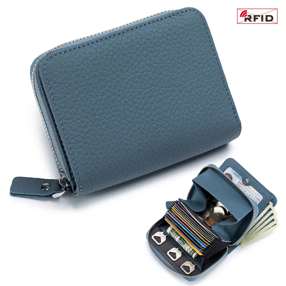 Genuine Leather Short Wallet RFID Bank Credit Card Holder First Layer Cowhide Mini Coin Purse Bag Clutch Key Pouch For Men Women