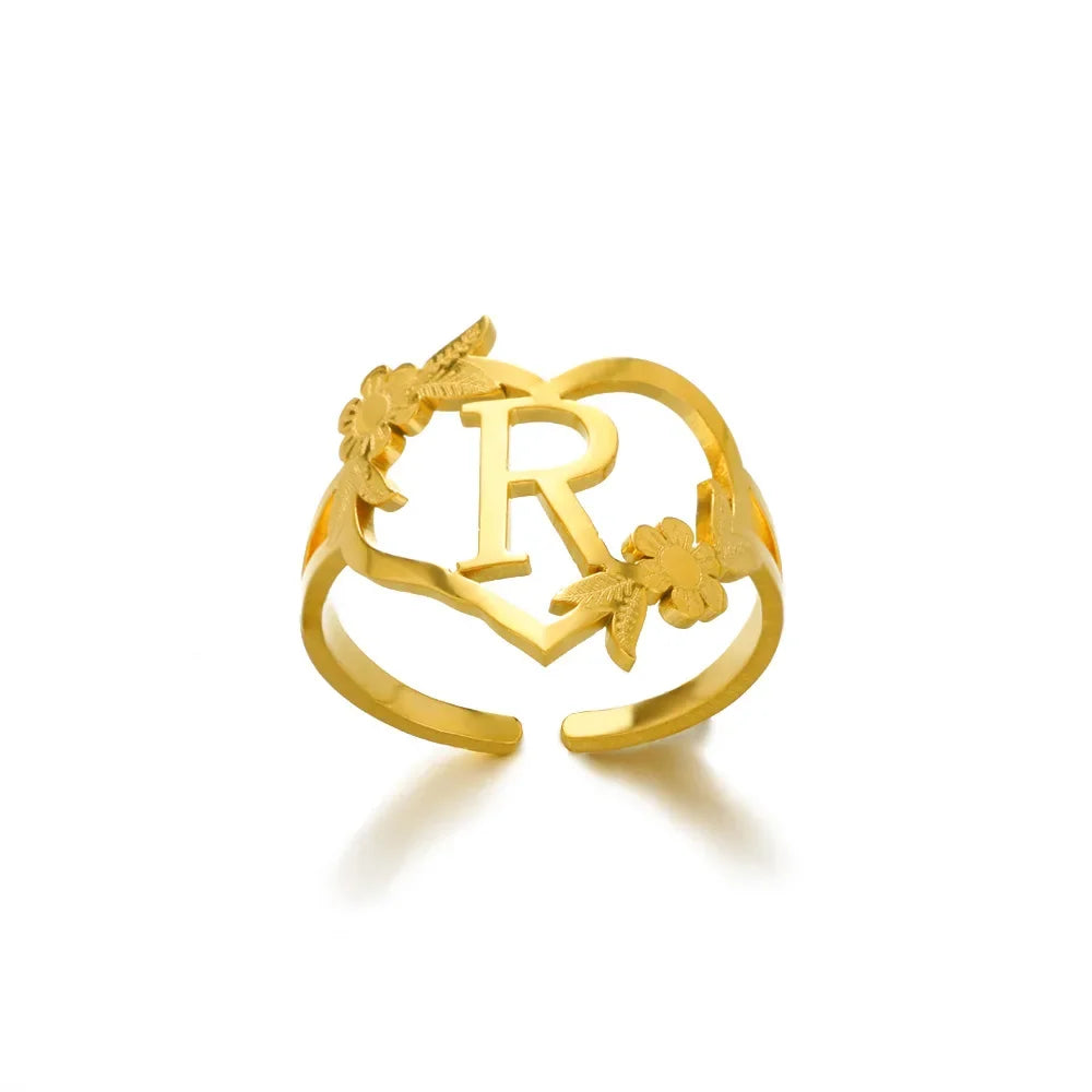 A-Z Ring Initials Flower Heart Rings Stainless Steel Gold Colour Rings for Women Adjustable Simple Opening Couple Rings Jewelry