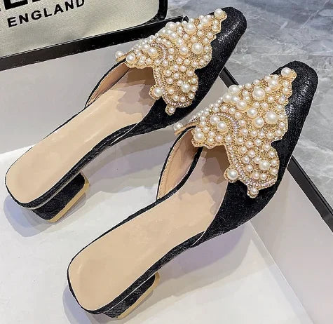 2024Half Head Women's Slippers Lace Sexy Pearl Rhinestones Outdoor Shoes on Sale