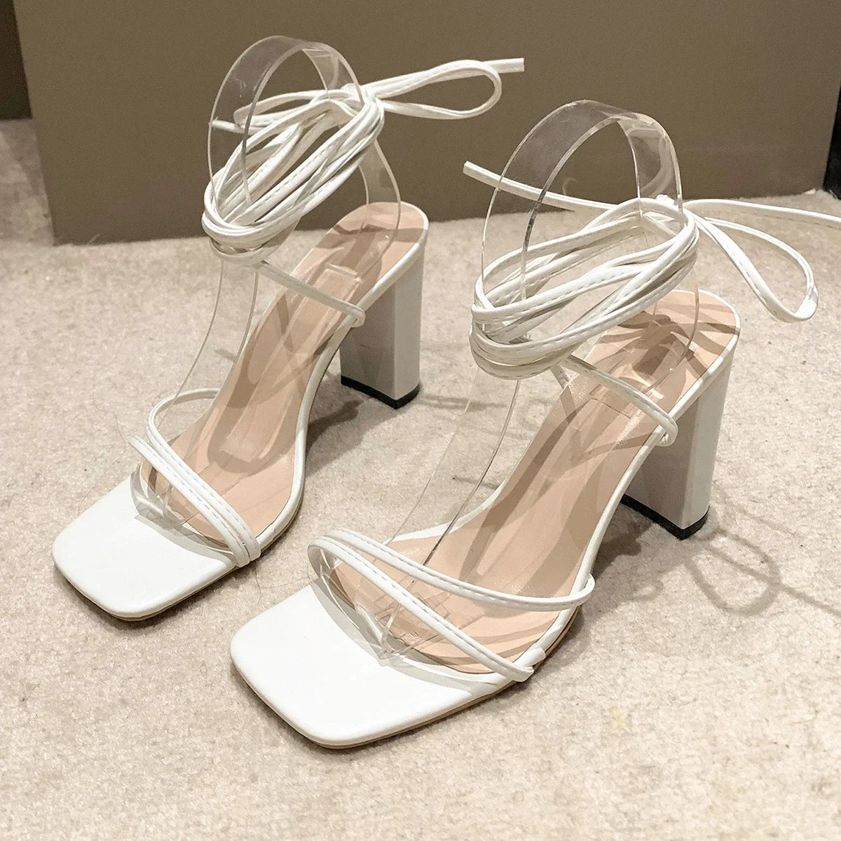 Woman Black Ankle Strap Sandals Woman Leather Pu Cross-Tied High Heels Shoes Sexy Lace Up Party Pumps Shoes Plus Size 43