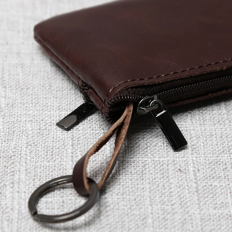 Leather Mini Coin Purse Unisex Simple Portable First Layer Cowhide Retro Handmade Zipper Small Wallet Key Case