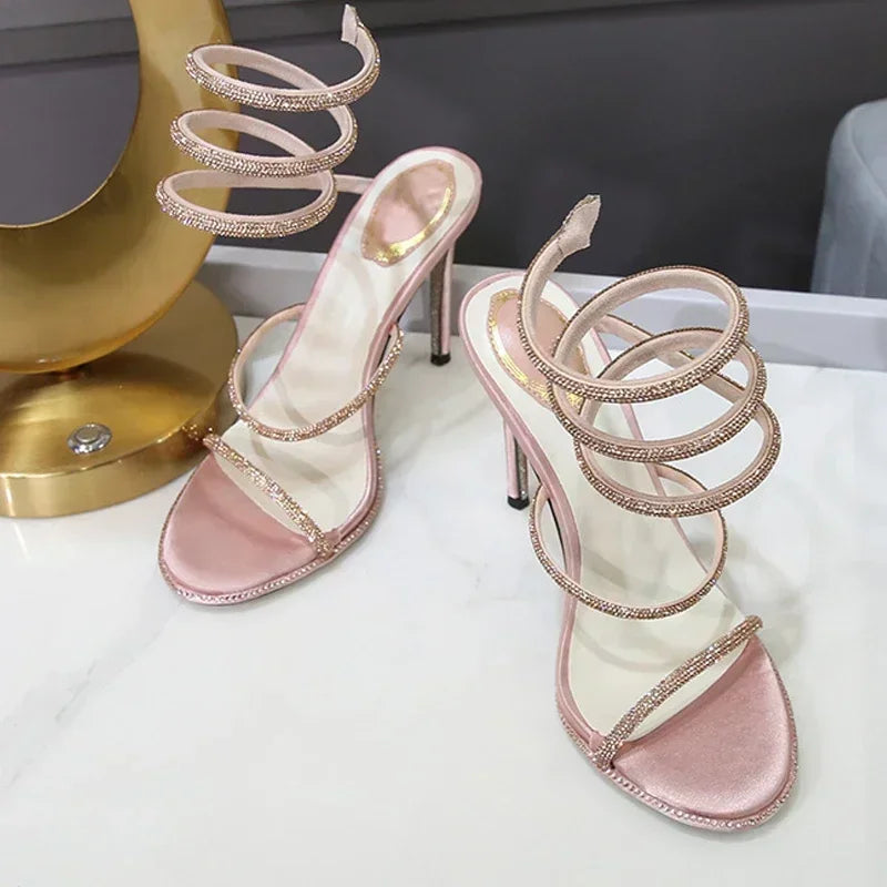 Aneikeh Luxury Rhinestones Snake Coiled Ankle Strap Stiletto Heeled Women Gladiator Sandals 2025 Summer Party Banquet Prom Shoes