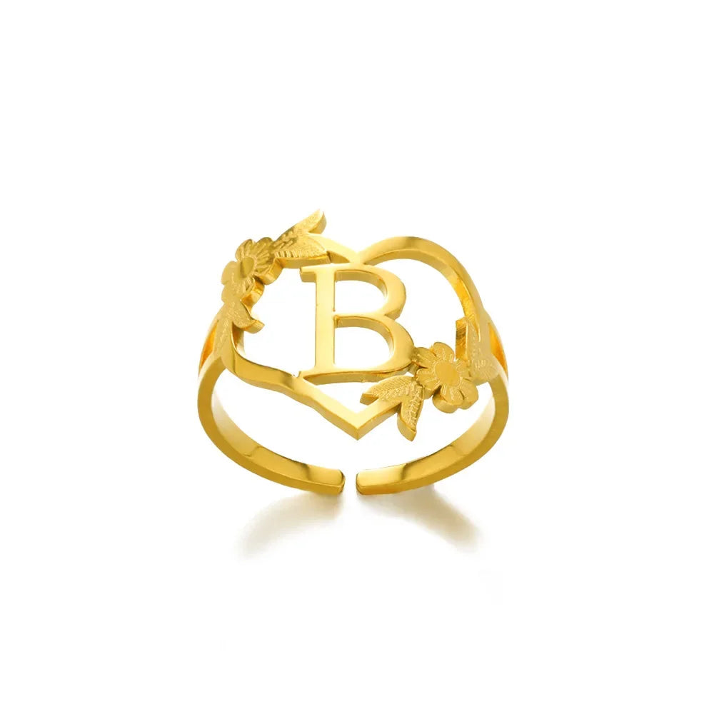 A-Z Ring Initials Flower Heart Rings Stainless Steel Gold Colour Rings for Women Adjustable Simple Opening Couple Rings Jewelry