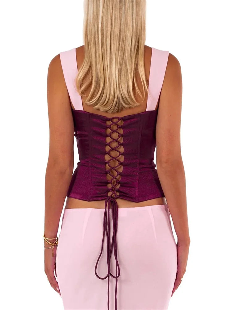 CHRONSTYLE Sexy Women Summer Tank Tops Sleeveless Halter Contrast Color Corsets V-neck Ruched Back Criss-cross Tie-up Vest 2025