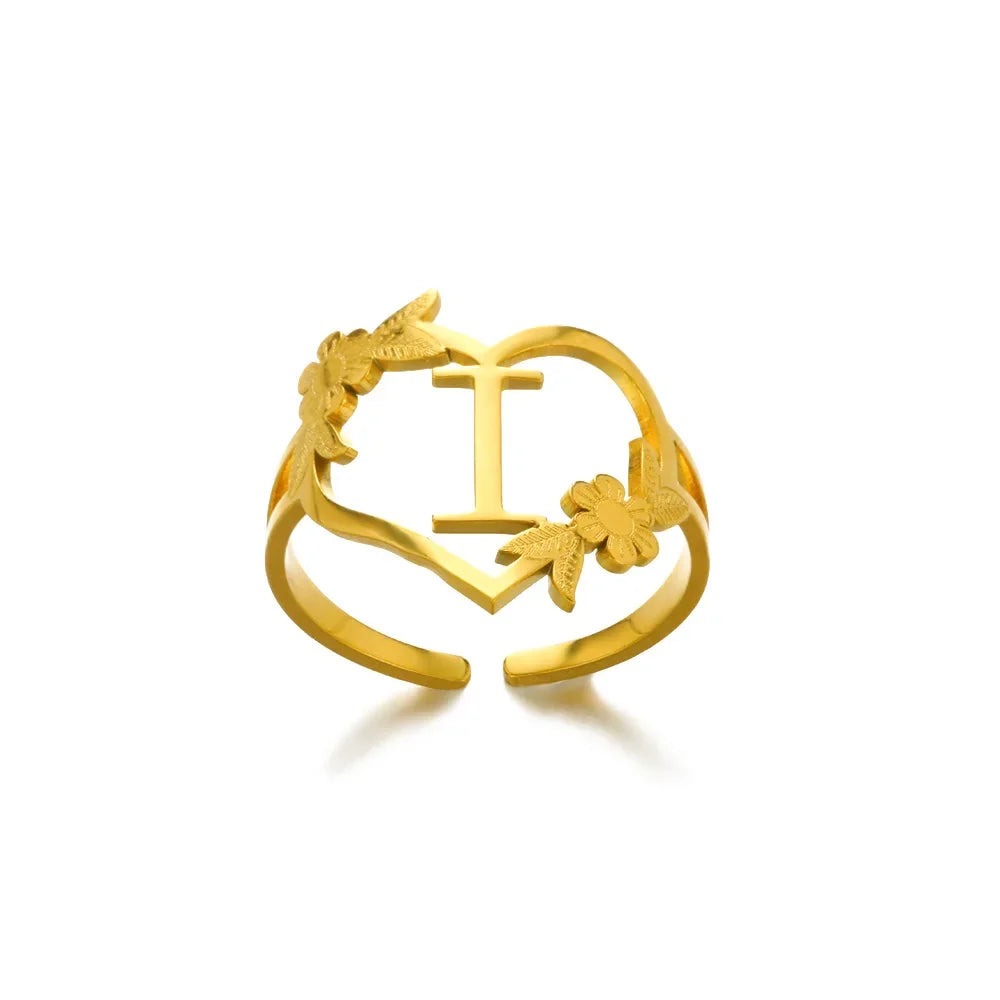 A-Z Ring Initials Flower Heart Rings Stainless Steel Gold Colour Rings for Women Adjustable Simple Opening Couple Rings Jewelry