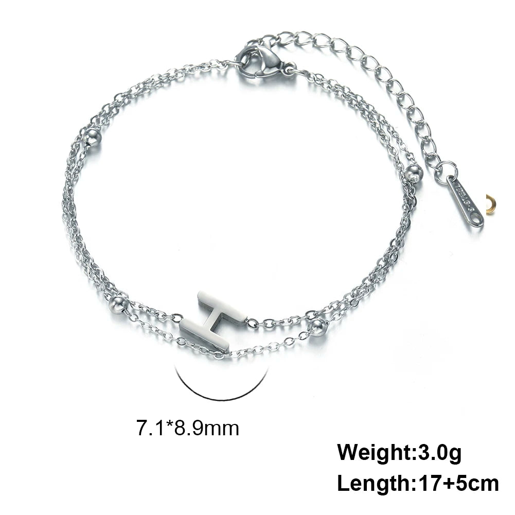 Letter A-Z Pendant Bracelet Stainless Steel Elegant Women's Double Layer Bead Chain Fashion Personalized Name Initial Bracelet J