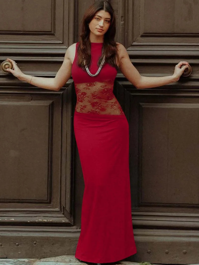 Woman's Elegant Sleeveless Lace Patchwork Evening Dress Black High Street O-neck Backless Hollow Out Slim Long Party Dresses