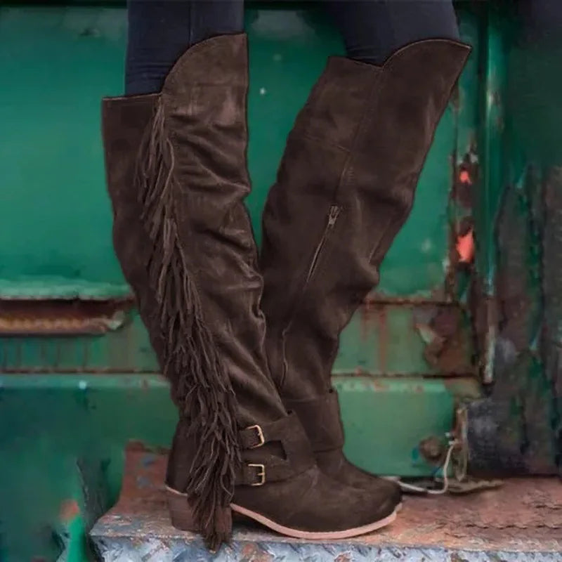 Winter new style long boots with thick heels and large sizes, long tassel boots for women