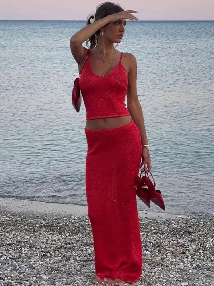 Sexy Trendy Backless Camisole Top Wrap Hip Long Skirt Knit Shiny 2 Piece Set Outfits Slim Fit Crop Camisole Top Cover Up A3171