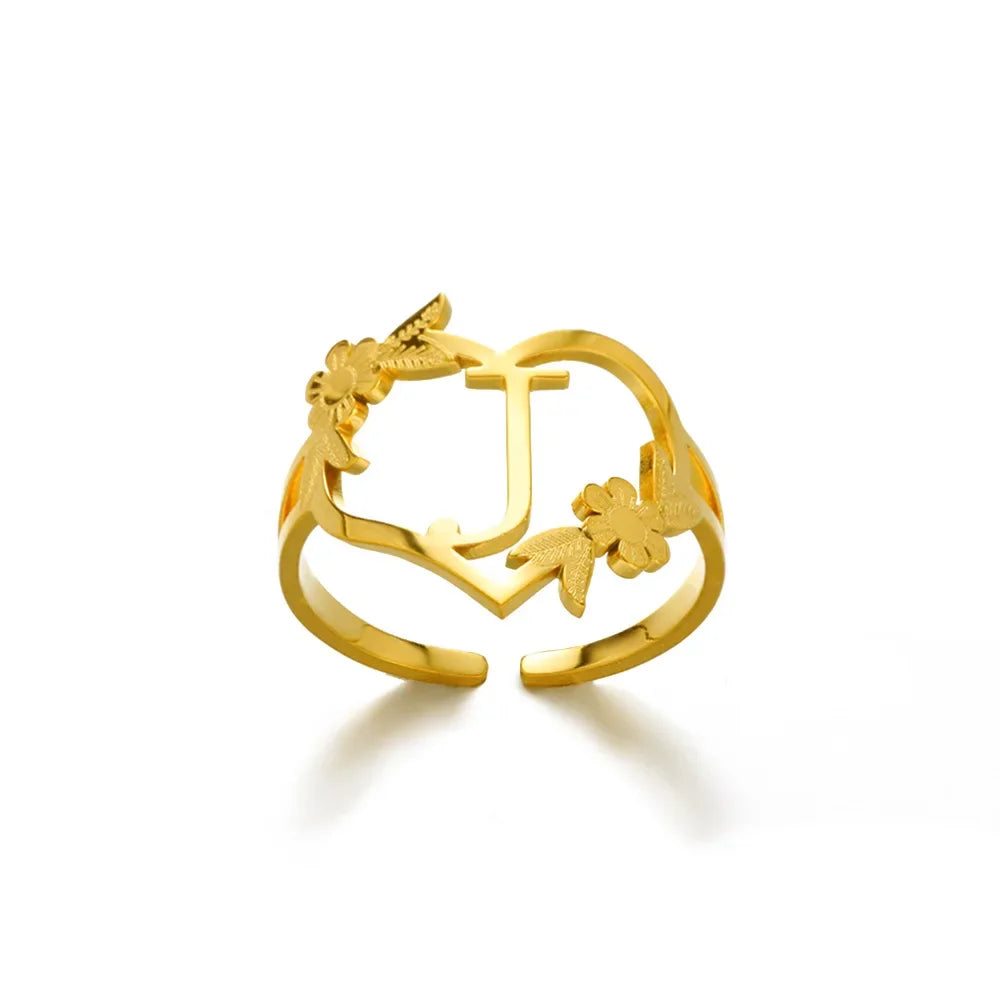 A-Z Ring Initials Flower Heart Rings Stainless Steel Gold Colour Rings for Women Adjustable Simple Opening Couple Rings Jewelry