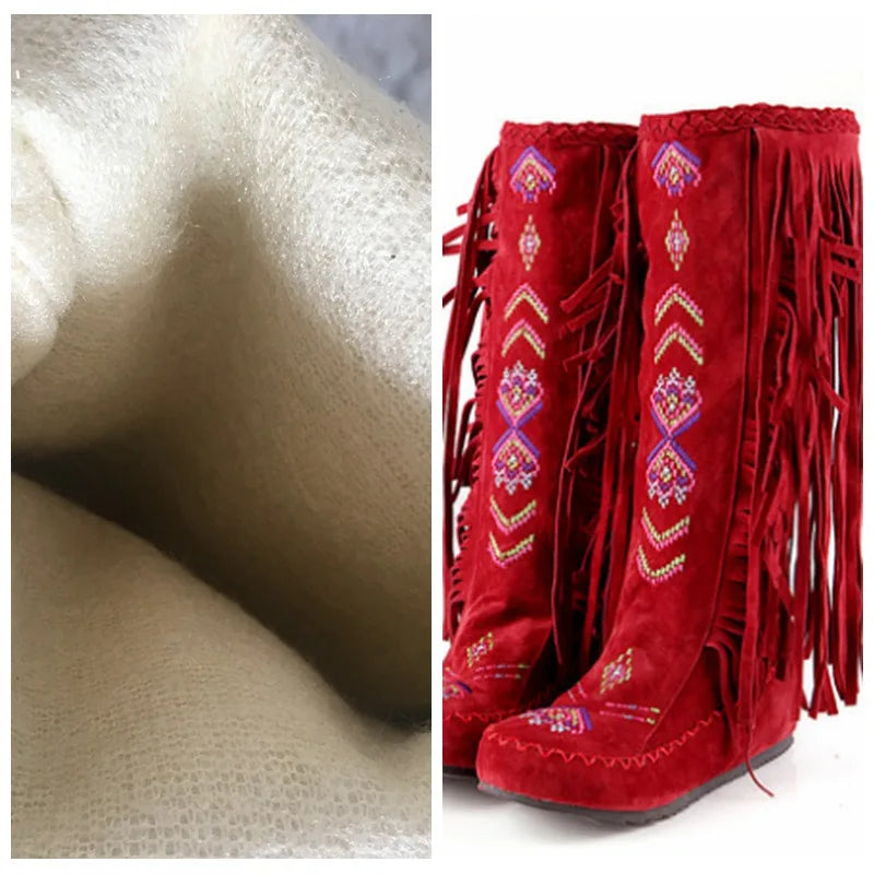REAVE CAT Fashion Nation Flock Leather Women Fringe Flat Heels Long Boots Spring Autumn Tassel Knee High Boots