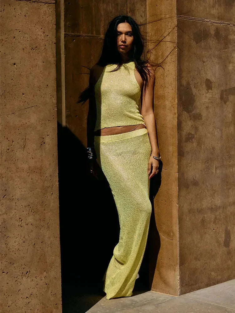 2025 Sexy V-neck Sleeveless Shiny Silk Camisole Tank Top Long Dress Two Piece Set Fashion Elastic Waist Wrap Hip Knitted Set K68