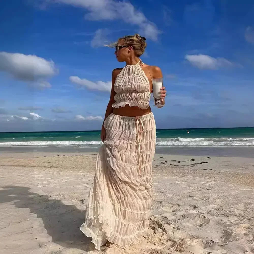 Halter Neck Long Skirt Women Sling Top Elegant Lace Up Fold Maxi Skirts Summer Pleated Sleeveless Backless Tops 2pcs Outfits
