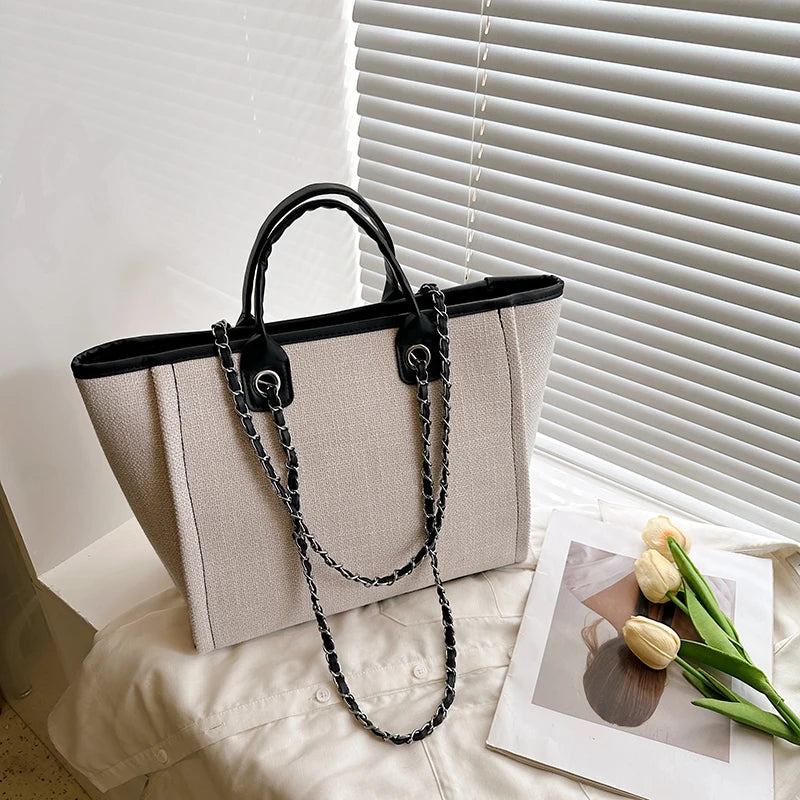 New Fashion Simple Canvas Material Chain Bag Large Capacity Chain Zipper Women's Shoulder Bag Tote Bag For Commuter Shopping