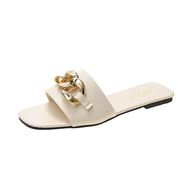 2024 New Fashion Women's Slippers Square Toe Chain Slippers Flat Slide Sandals Beach Flip Flops Metal Decoration Casual Shoes