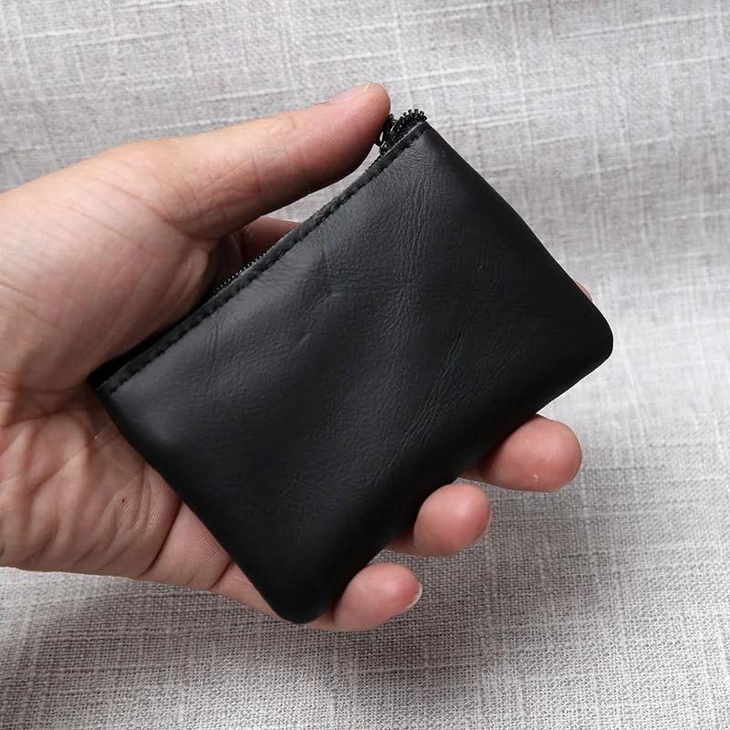 Leather Mini Coin Purse Unisex Simple Portable First Layer Cowhide Retro Handmade Zipper Small Wallet Key Case