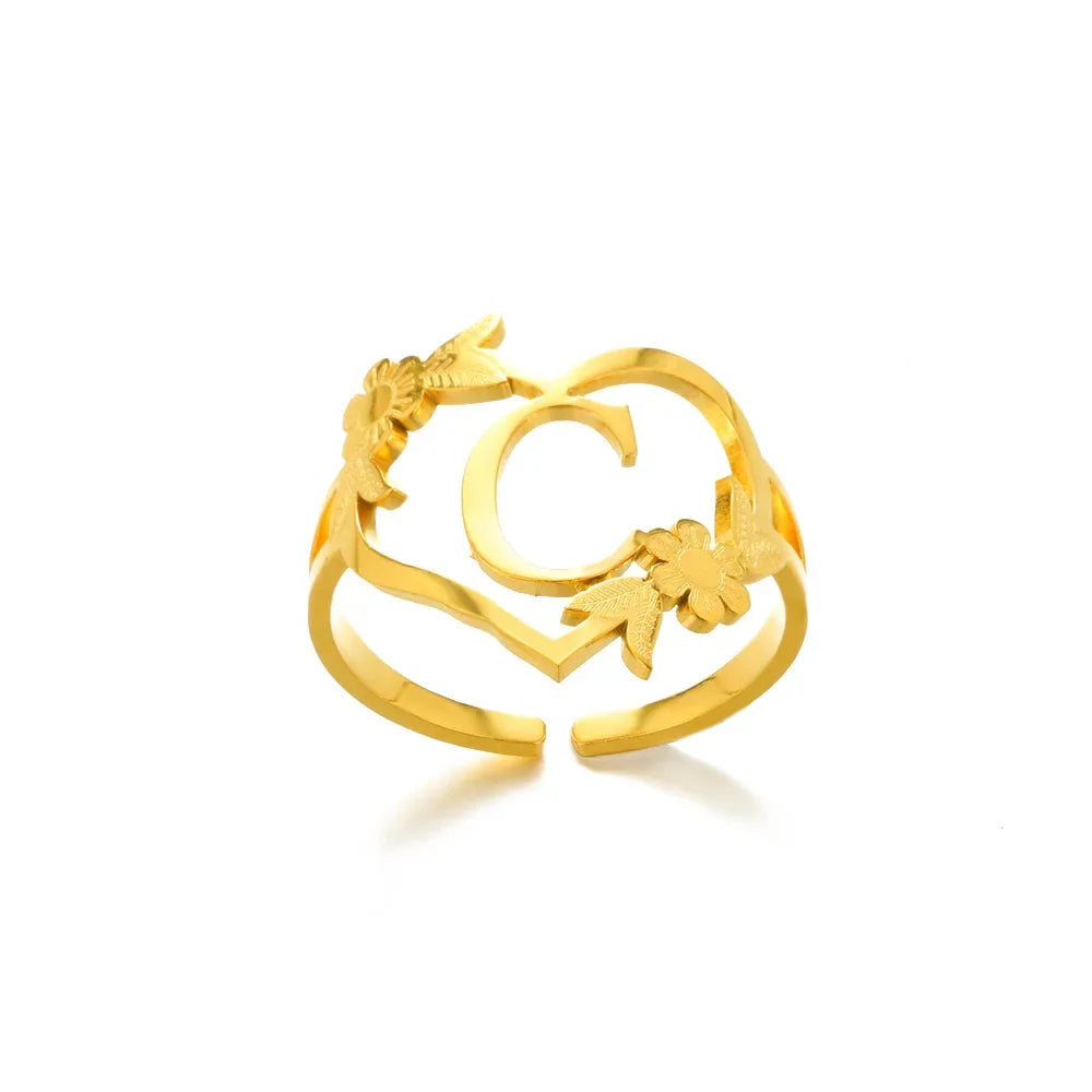 A-Z Ring Initials Flower Heart Rings Stainless Steel Gold Colour Rings for Women Adjustable Simple Opening Couple Rings Jewelry