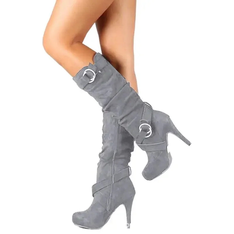 Fashion Womens High-heeled Boots Comfortable Suede Women High Boots New Belt Buckle Large Size Women's Boots 6-8cm Zapatos Mujer