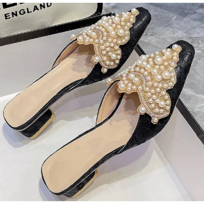 2024Half Head Women's Slippers Lace Sexy Pearl Rhinestones Outdoor Shoes on Sale