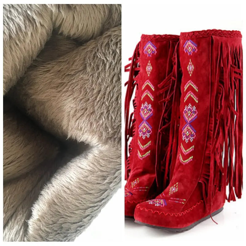 REAVE CAT Fashion Nation Flock Leather Women Fringe Flat Heels Long Boots Spring Autumn Tassel Knee High Boots
