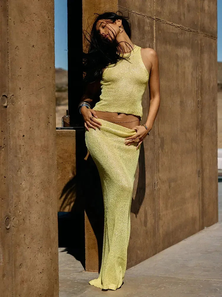 2025 Sexy V-neck Sleeveless Shiny Silk Camisole Tank Top Long Dress Two Piece Set Fashion Elastic Waist Wrap Hip Knitted Set K68
