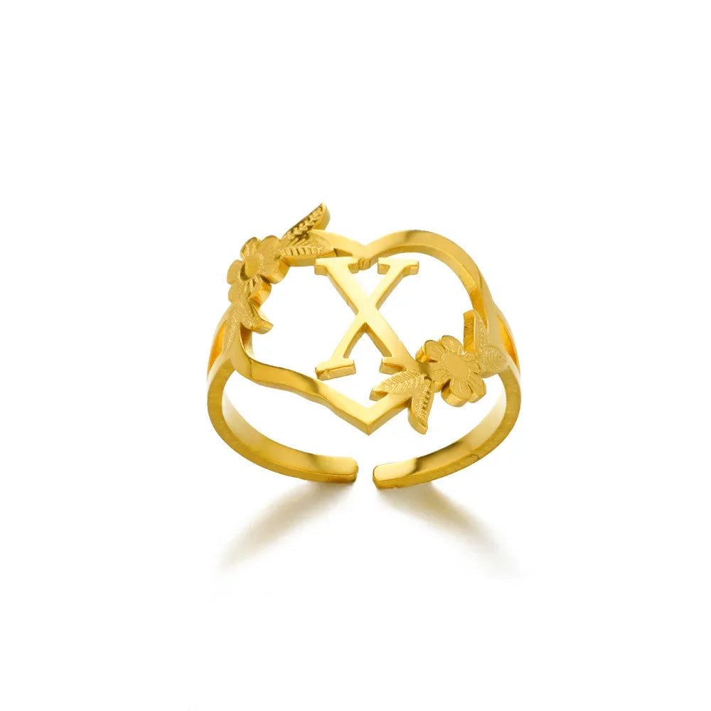 A-Z Ring Initials Flower Heart Rings Stainless Steel Gold Colour Rings for Women Adjustable Simple Opening Couple Rings Jewelry
