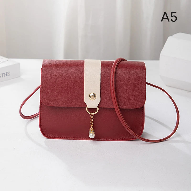 Contrast Women Shoulder Bag Simple Pearl Pendant Luxury Designer Handbag Messenger Bag Small Square Crossbody Mobile Phone Purse