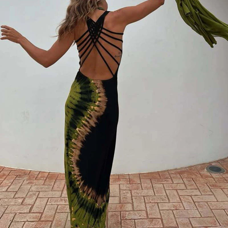 Vintage Printed High Waist Summer Robe Dress Women O-neck Hollowed Out Sleeveless Holiday Dress Casual Backless Beach Long Dress