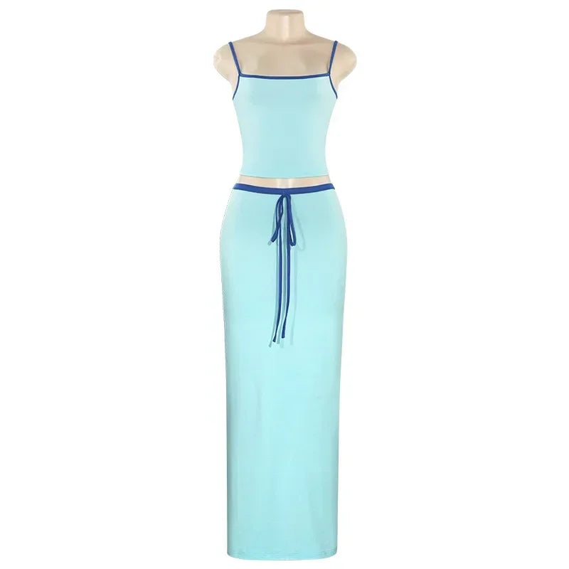 Blue High Waist Skirt Sets for Women Spaghetti Strap Crop Top and Long Skirt Outfits Summer Elegant Casual Holiday Two Piece Set