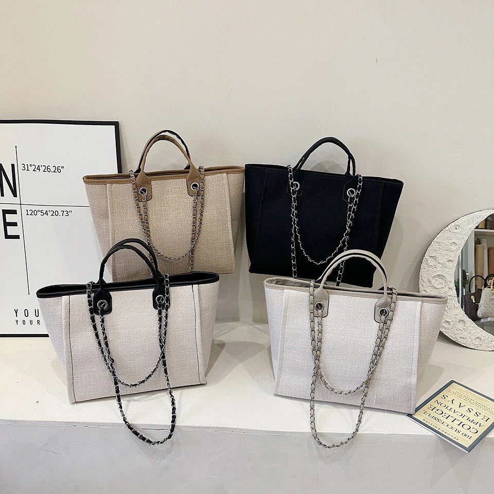 New Fashion Simple Canvas Material Chain Bag Large Capacity Chain Zipper Women's Shoulder Bag Tote Bag For Commuter Shopping