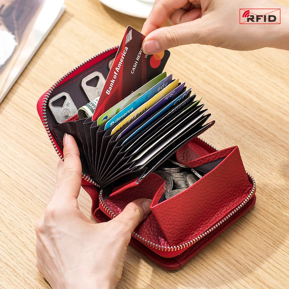 Genuine Leather Short Wallet RFID Bank Credit Card Holder First Layer Cowhide Mini Coin Purse Bag Clutch Key Pouch For Men Women