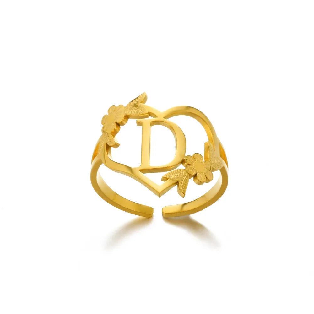 A-Z Ring Initials Flower Heart Rings Stainless Steel Gold Colour Rings for Women Adjustable Simple Opening Couple Rings Jewelry