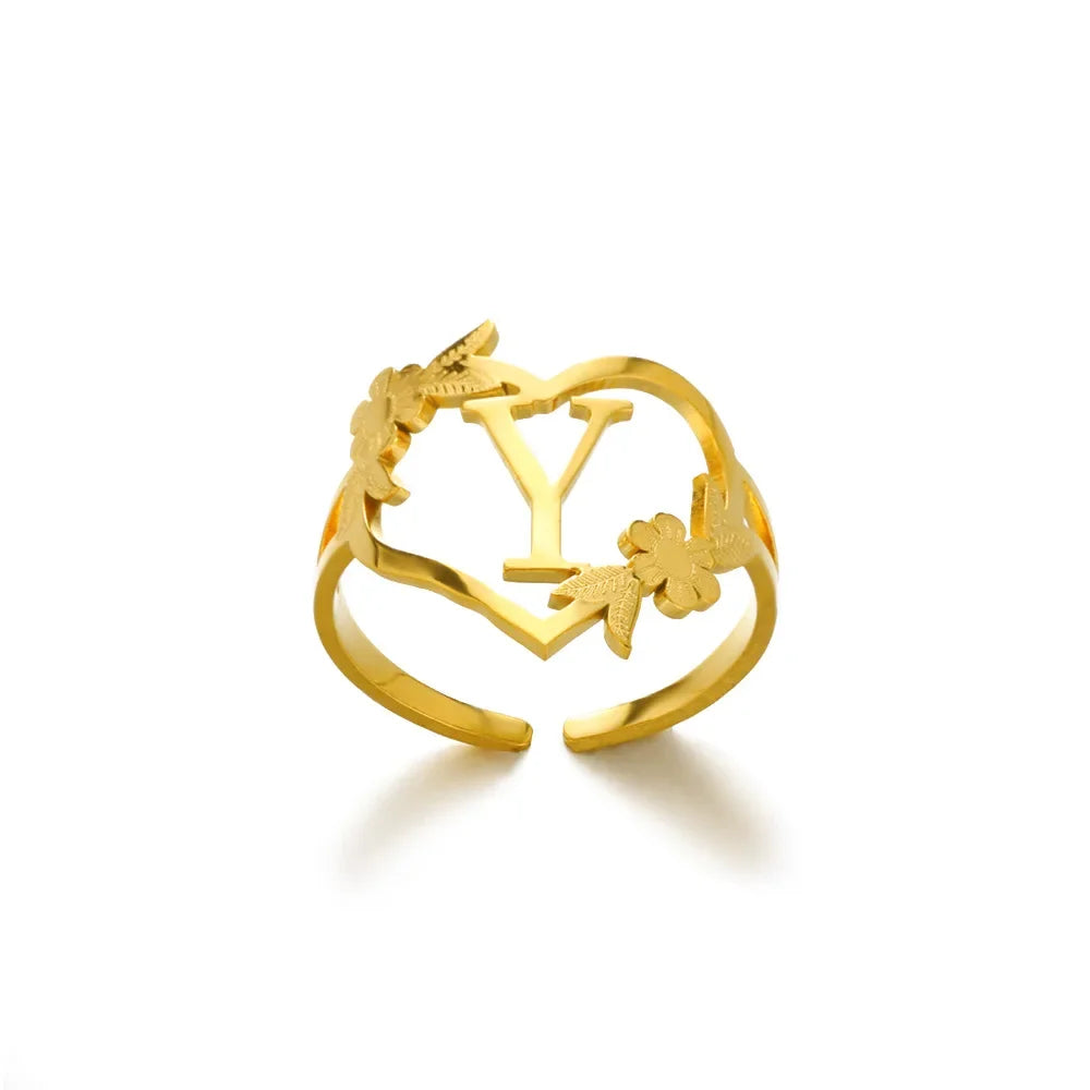 A-Z Ring Initials Flower Heart Rings Stainless Steel Gold Colour Rings for Women Adjustable Simple Opening Couple Rings Jewelry