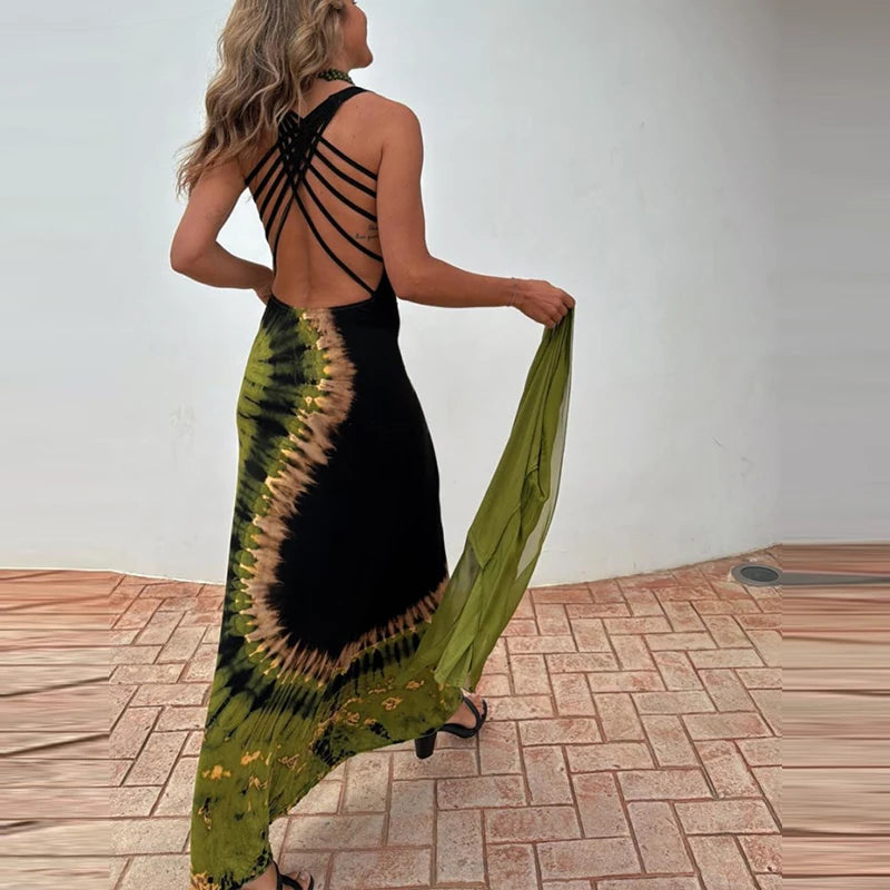 Vintage Printed High Waist Summer Robe Dress Women O-neck Hollowed Out Sleeveless Holiday Dress Casual Backless Beach Long Dress