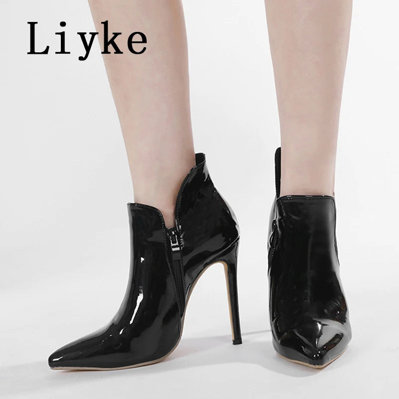 Liyke High Quality Patent Leather Pointed Toe Zip Ankle Boots For Women Spring Autumn Heels Pumps Sexy Party Club Stripper Shoes