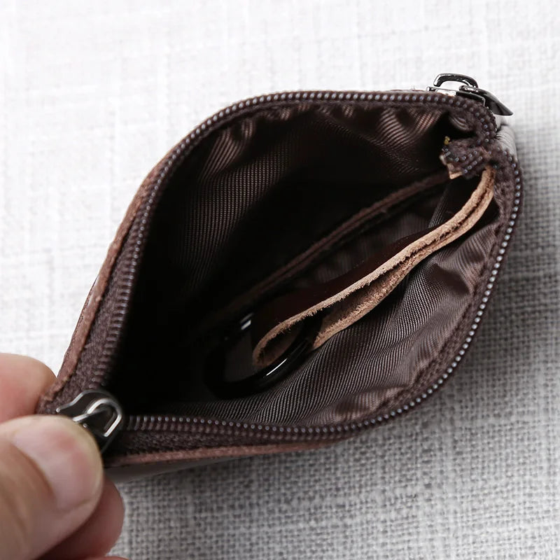 Leather Mini Coin Purse Unisex Simple Portable First Layer Cowhide Retro Handmade Zipper Small Wallet Key Case