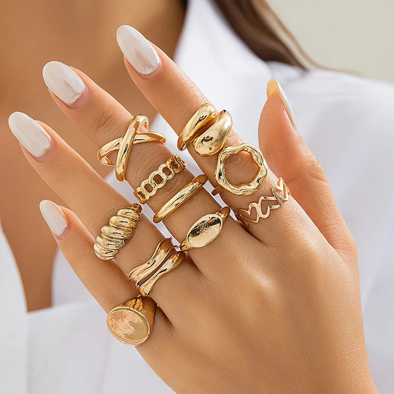 Vintage Gold Color Irregular C Shape Open Ring Set Women Creative Geometric Finger Knuckle Ring Couple Jewelry Accessories 2025