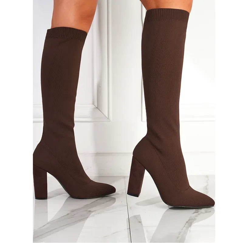New Autumn Winter Pointed Toe Thick High-heeled Knitted Knee-high Boots Women's Elastic Wool Socks Shoes Chaussettes Et Bottes