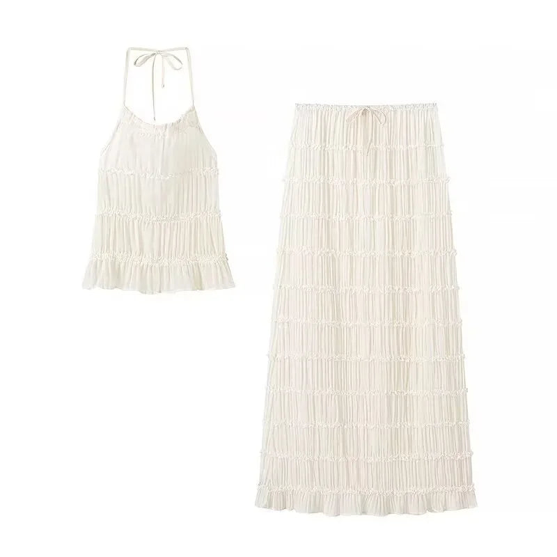 Halter Neck Long Skirt Women Sling Top Elegant Lace Up Fold Maxi Skirts Summer Pleated Sleeveless Backless Tops 2pcs Outfits