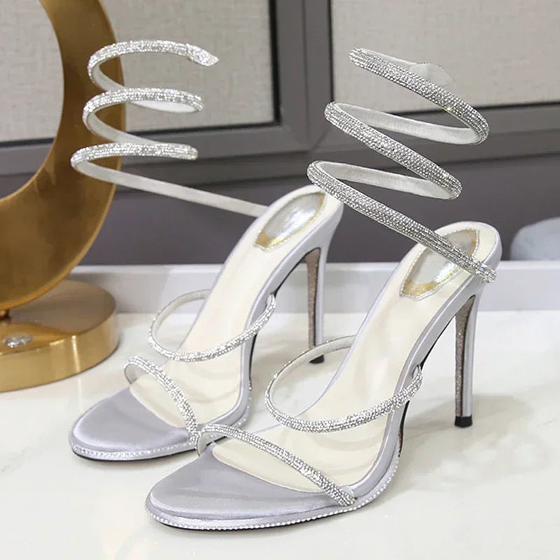 Aneikeh Luxury Rhinestones Snake Coiled Ankle Strap Stiletto Heeled Women Gladiator Sandals 2025 Summer Party Banquet Prom Shoes