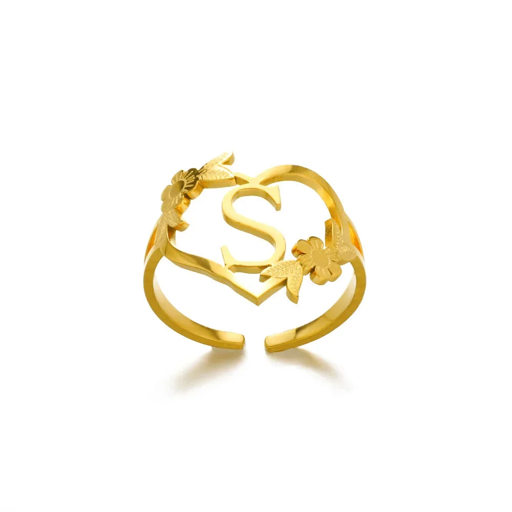 A-Z Ring Initials Flower Heart Rings Stainless Steel Gold Colour Rings for Women Adjustable Simple Opening Couple Rings Jewelry