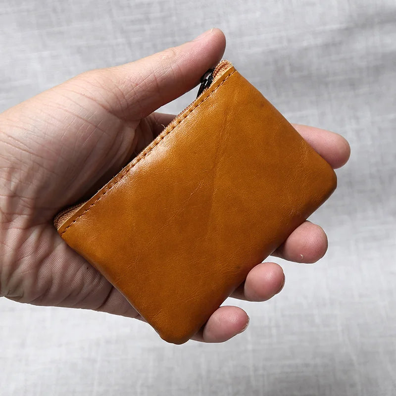 Leather Mini Coin Purse Unisex Simple Portable First Layer Cowhide Retro Handmade Zipper Small Wallet Key Case